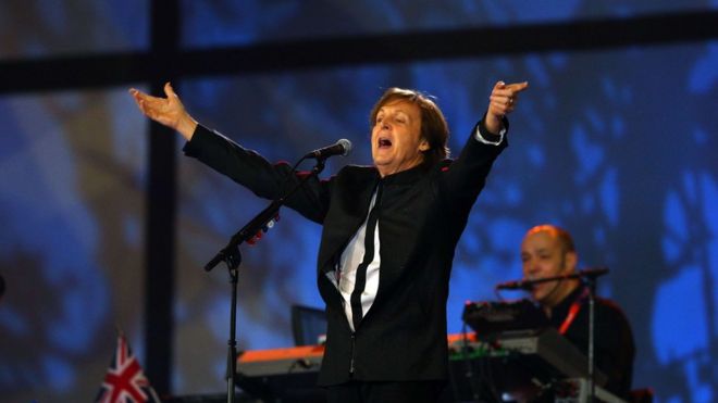 Paul McCartney onstage at London 2012