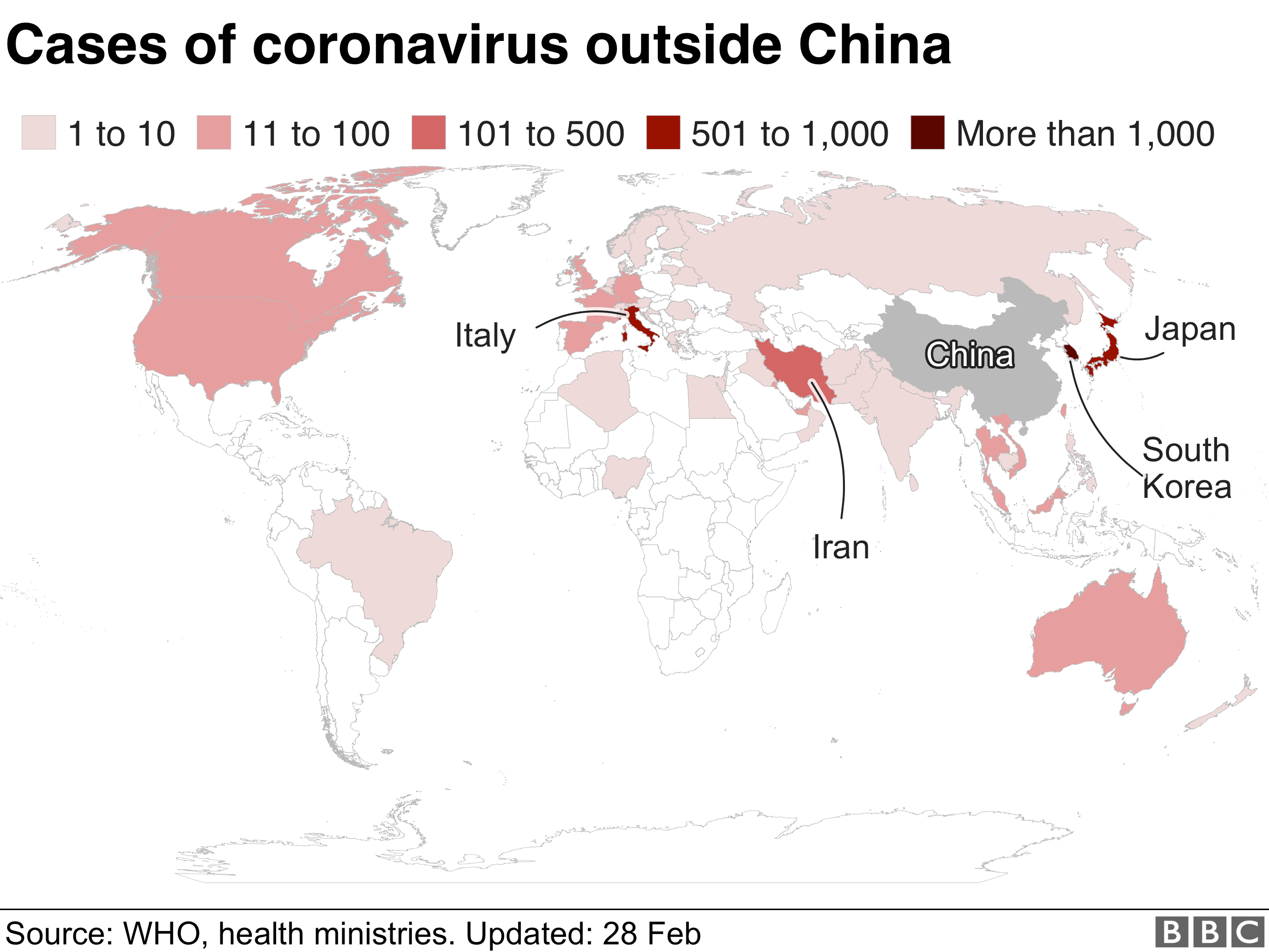 Map showing the countries affected by coronavirus outside China