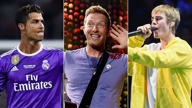 Кристано Роналду, фронтмен Coldplay Крис Мартин и американская поп-звезда Джастин Бибер
