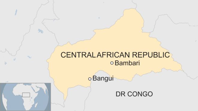Карта с изображением Бамбари в Центральноафриканской Республике относительно столицы Банги и ДР Конго