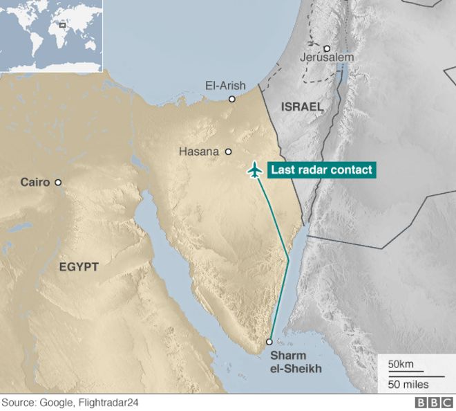 Карта Египта с указанием последнего радиолокационного контакта рейса KGL9268