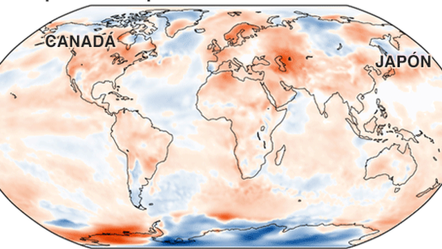 Lugares del mundo con temperaturas por debajo y por encima del promedio.