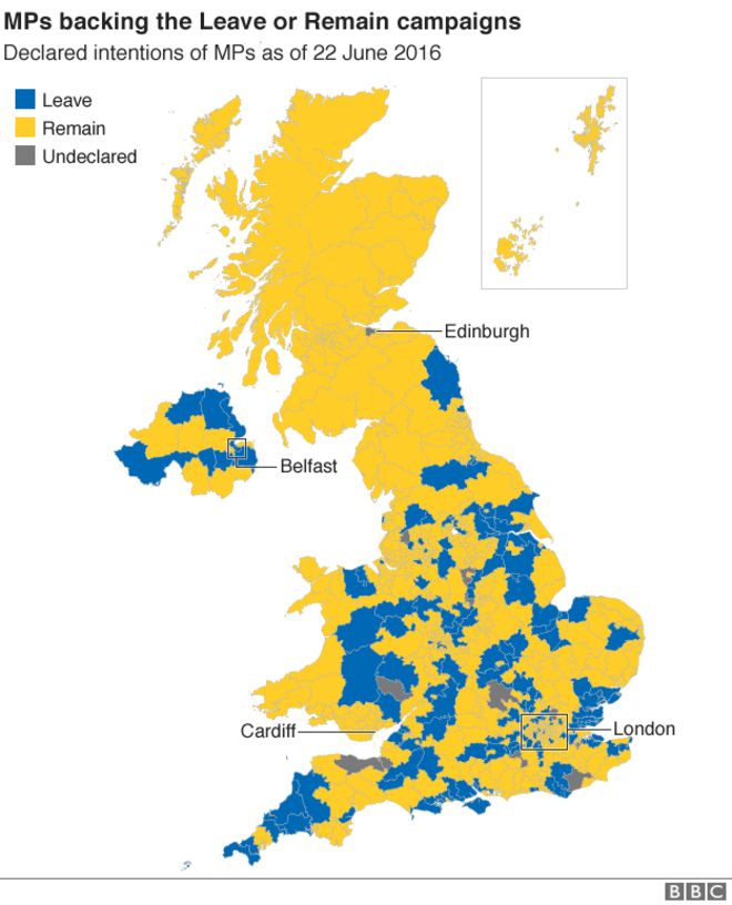 Карта, показывающая, какие депутаты поддерживают кампании «Оставь и оставайся»