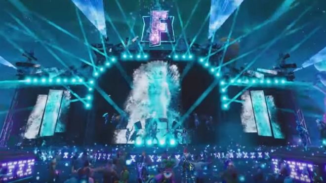 a virtual stage with lights pyrotechnics and holograms marshmello a dj with - image fortnite concert