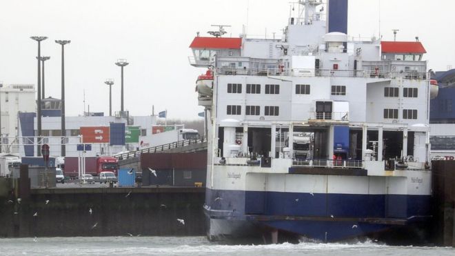 Lorries are loaded on to a P&O ferry in the port of Calais, France