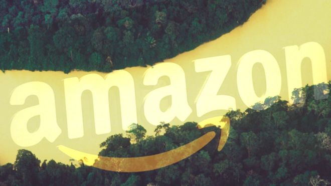Коллаж с изображением реки Амазонки и логотипа Amazon Inc.