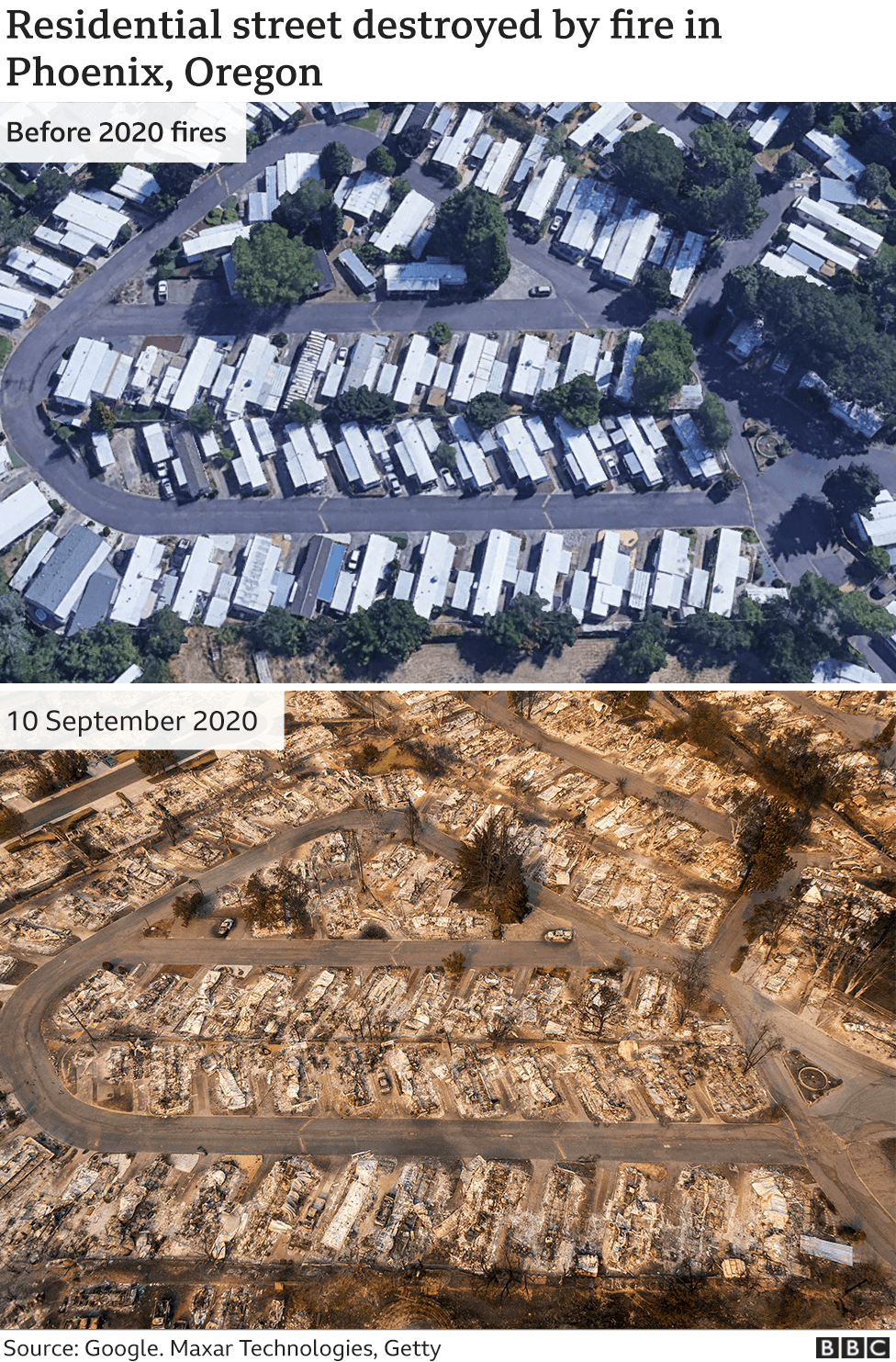 Изображение до и после пожара в Фениксе, штат Орегон