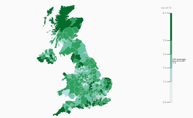 Карта удовлетворенности жизнью Великобритании