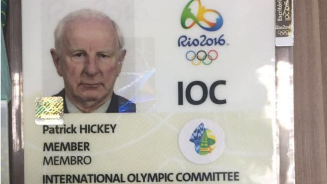 Patrick Hickey's IOC badge at the police press conference (17 August 2016)