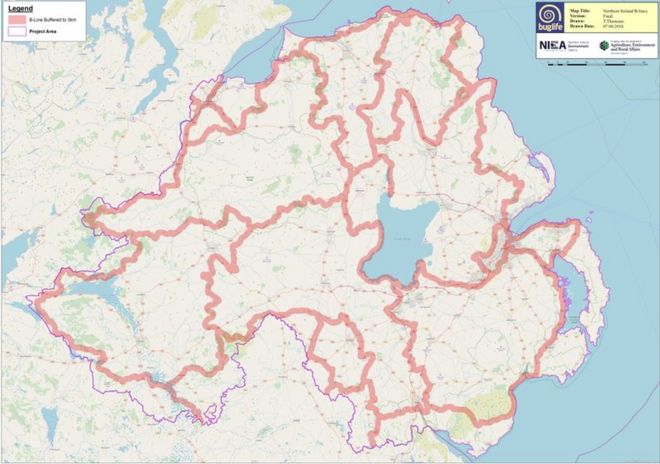 Карта, показывающая пчелиные автомагистрали в Северной Ирландии