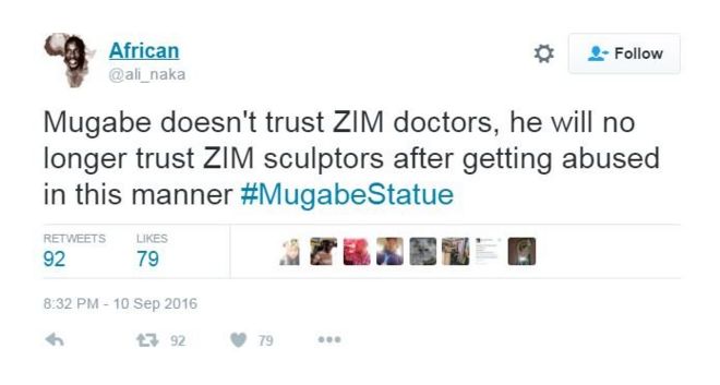 Твитт гласит: «Мугабе не доверяет докторам Зима, он больше не будет доверять скульпторам после такого насилия».