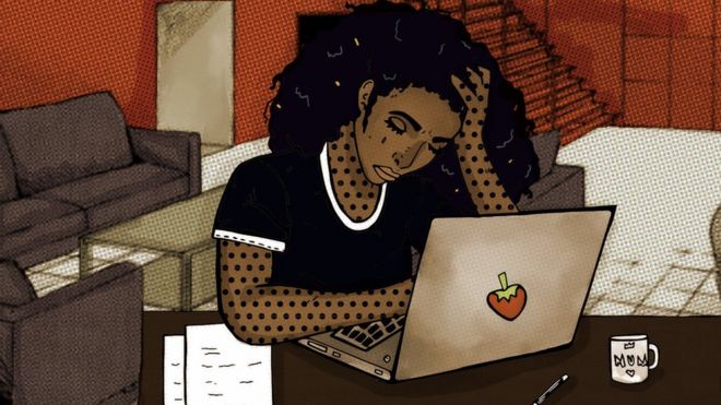 IlustraÃ§Ã£o de uma mulher lendo e-mails comprometedores no computador do marido
