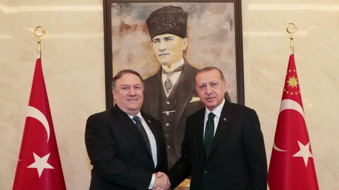 Госсекретарь США Майк Помпео пожимает руку президенту Турции в Анкаре