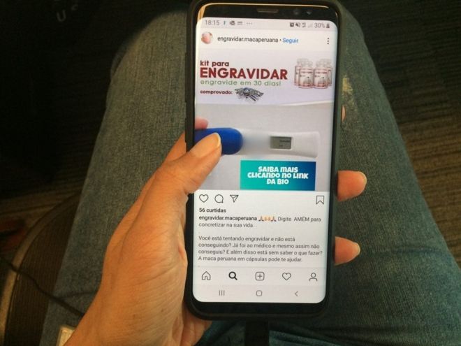 Imagem mostra tela de celular exibindo post em página de Instagram que vende produto supostamente à base de maca peruana como "kit para engravidar"