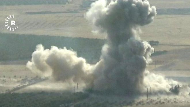 Still from footage shows smoke following explosions, purportedly near the town of near Bashiqa, Iraq, on Sunday 23 October 2016