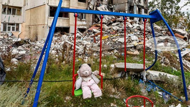 被害を受けたウクライナの街
