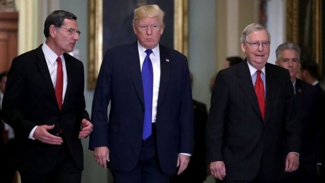 US President Donald Trump (C) joins Republican Senator John Barrasso (R) and Senate Majority Leader Mitch McConnell (R).