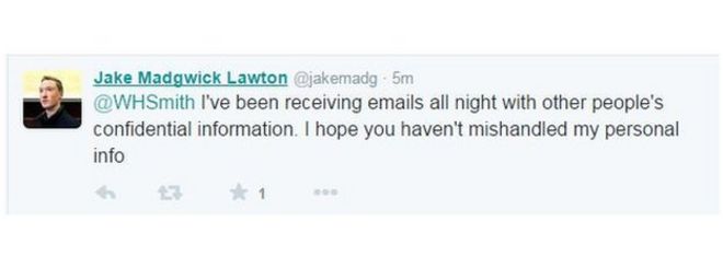 Джейк Мэдгвик Лоутон написал: @WHSmith Я всю ночь получал электронные письма с конфиденциальной информацией других людей. Я надеюсь, что вы не обращались с моей личной информацией