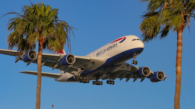 BA Airbus A380 lands in LA