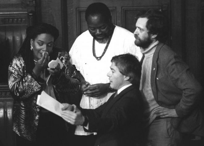 Дайан Эбботт, Берни Грант, Джереми Корбин и Тони Бэнкс в Палате общин, 1987 год