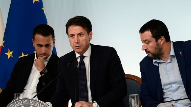 File photo: Italy's Deputy Prime Minister Luigi Di Maio, Prime Minister Giuseppe Conte, and Deputy Prime Minister Matteo Salvini, all confer during a press conference