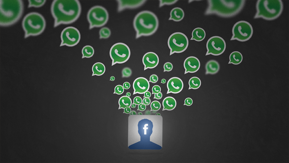 Ilustração mostra logos do WhatsApp saindo de logo do Facebook