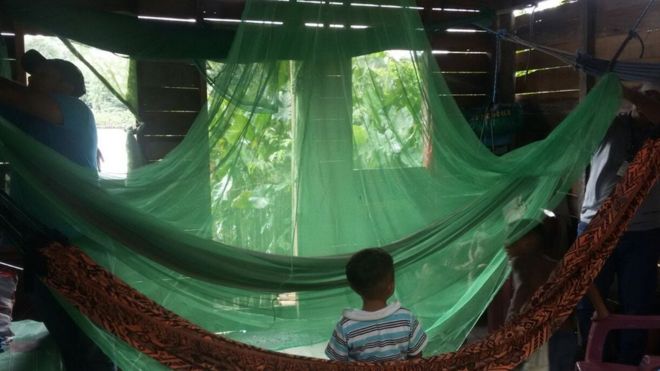 Mosquiteiro é preso em cima de rede em casa ribeirinha na Amazônia