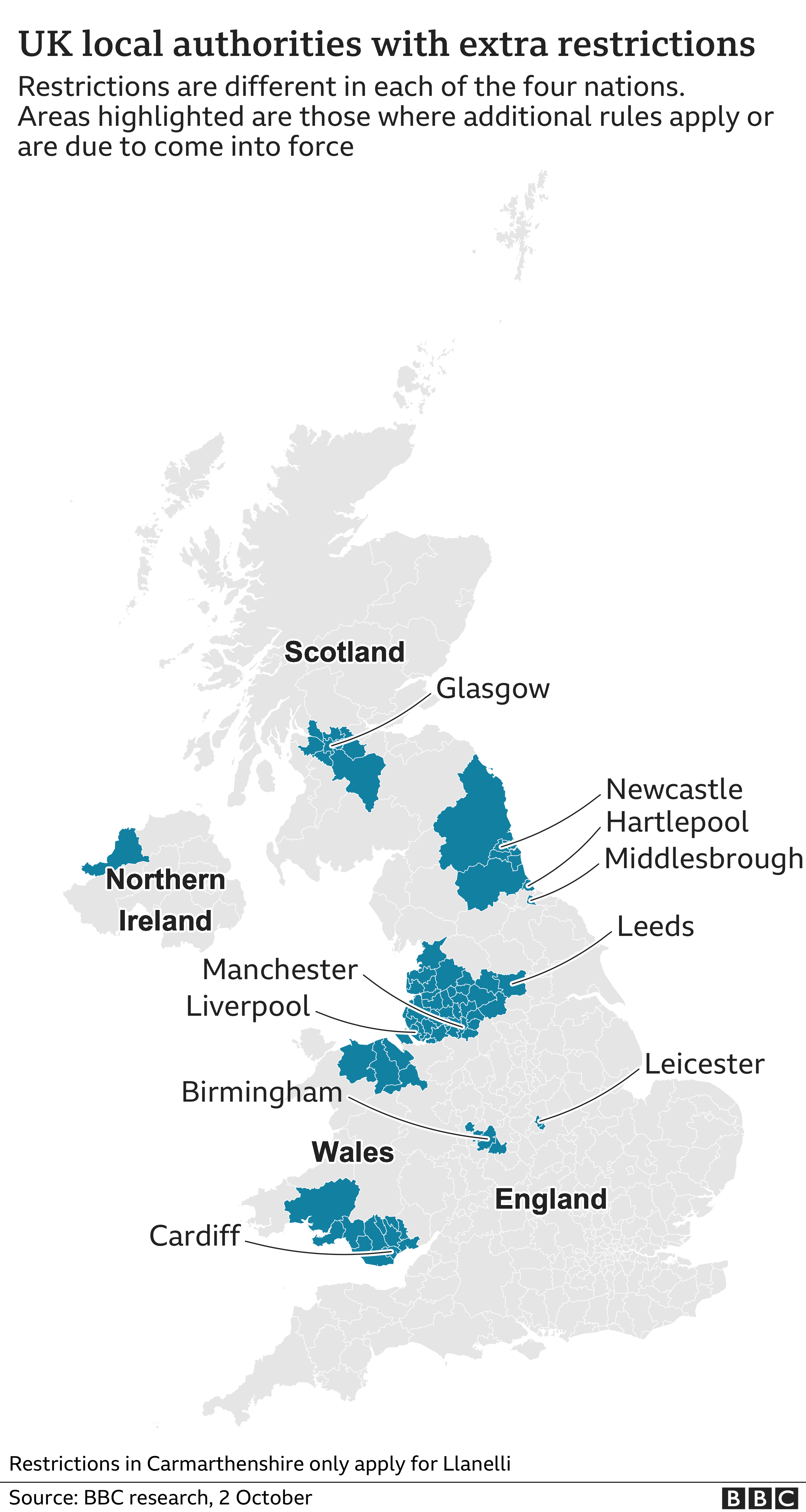 Карта, показывающая районы Великобритании с дополнительными местными ограничениями. Обновлено 2 октября.