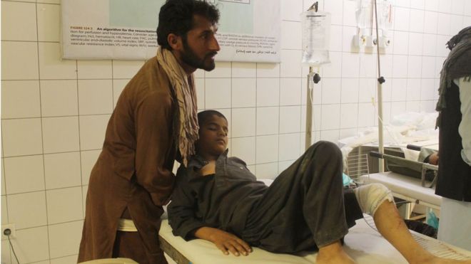 An Afghan resident is treated at a hospital following an airstrike in Kunduz on April 2, 2018.