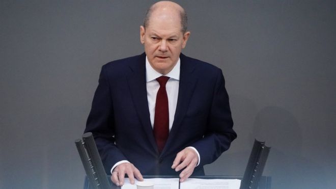 German Chancellor Olaf Scholz delivers a government declaration at the German parliament in Berlin, Germany, 27 February 2022.