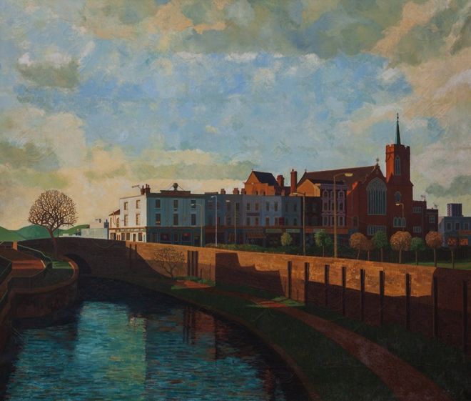 Картина Дорин Флетчер "Парк с рекой, мостом и церковью в Восточном Лондоне"