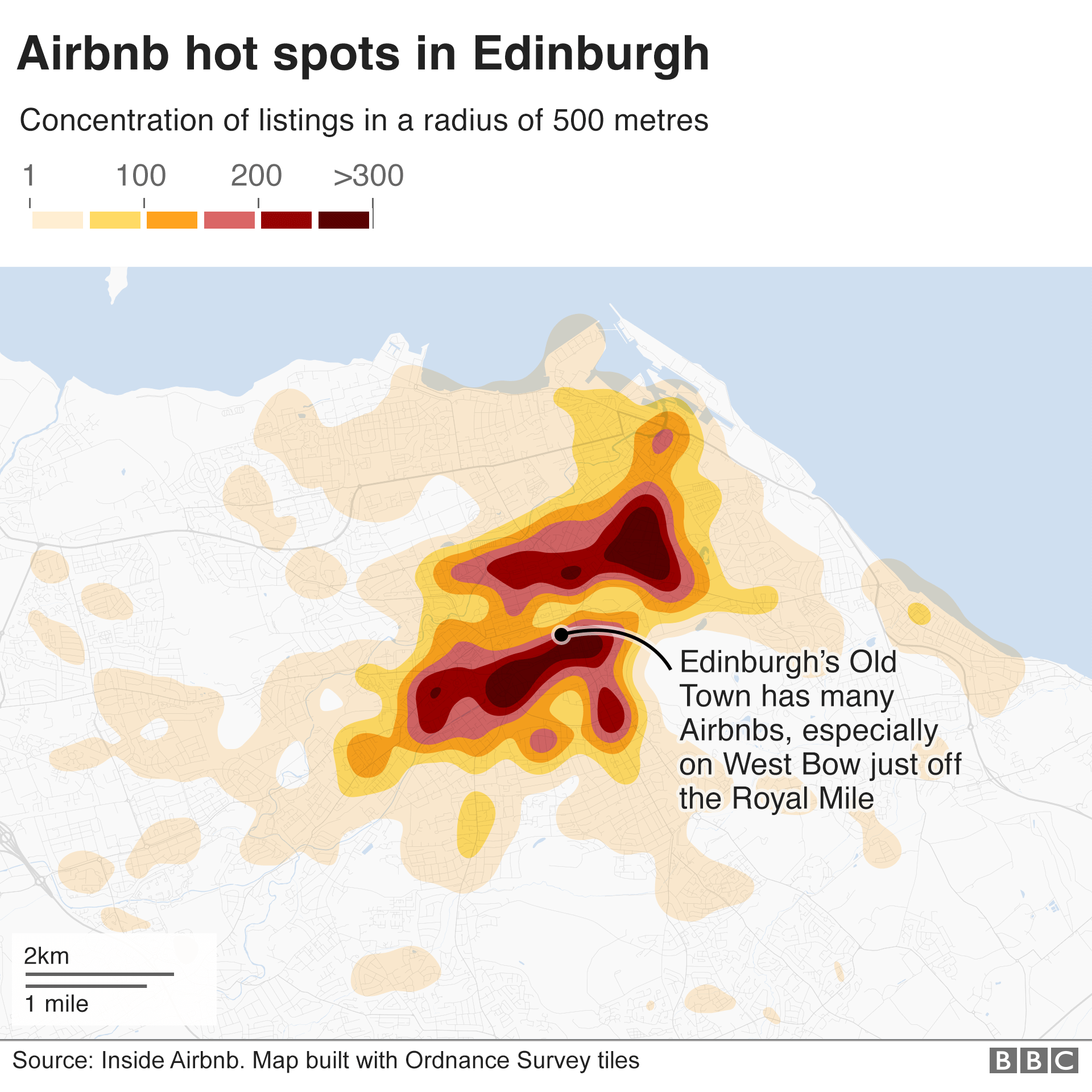 Карта, показывающая районы Эдинбурга с большинством списков Airbnb