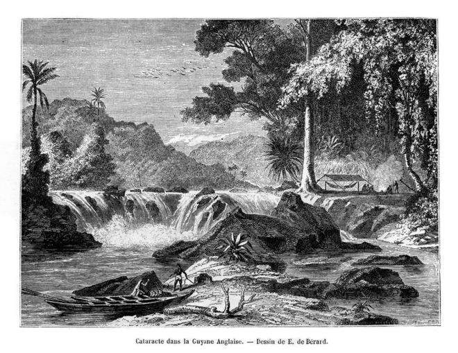Водопад, Британская Гвиана, Южная Америка, 19 век. Взгляд водопада в Гайане, (бывшая Британская Гвиана). (Фото The Collector / Print Collector / Getty Images)