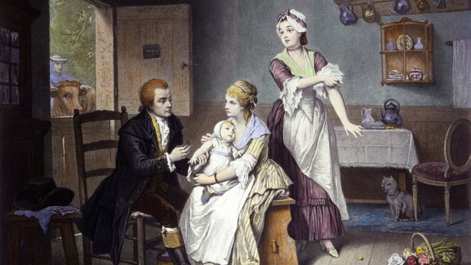 Edward Jenner, inventor da vacina, aplica imunização no próprio filho, nos braços da mãe, em tela de C. Manigaud e E. Hamman