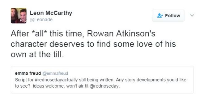 Леонад написал в твиттере: «После * всего * этого времени персонаж Роуэн Аткинсон заслуживает того, чтобы найти свою любовь на кассе».