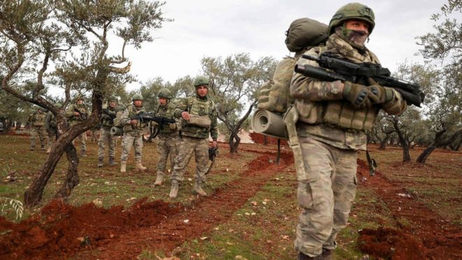 Turkish soldiers in the village of Qaminas, south-east of Idlib city, Syria (10 February 2020)