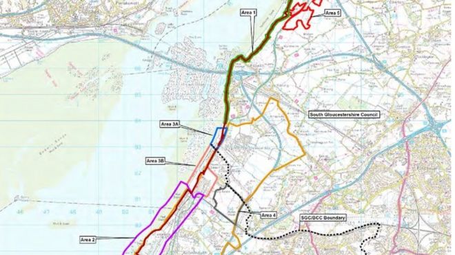 Схема защиты от затопления вдоль устья реки Северн, на которой показана пунктирная линия с черными точками между Южным Глостерширом и Бристолем