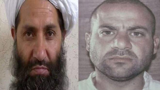 زعيم تنظيم الدولة أبو إبراهيم الهاشمي القرشي، (يمين) وزعيم حركة طالبان هبة الله أخوند زاده