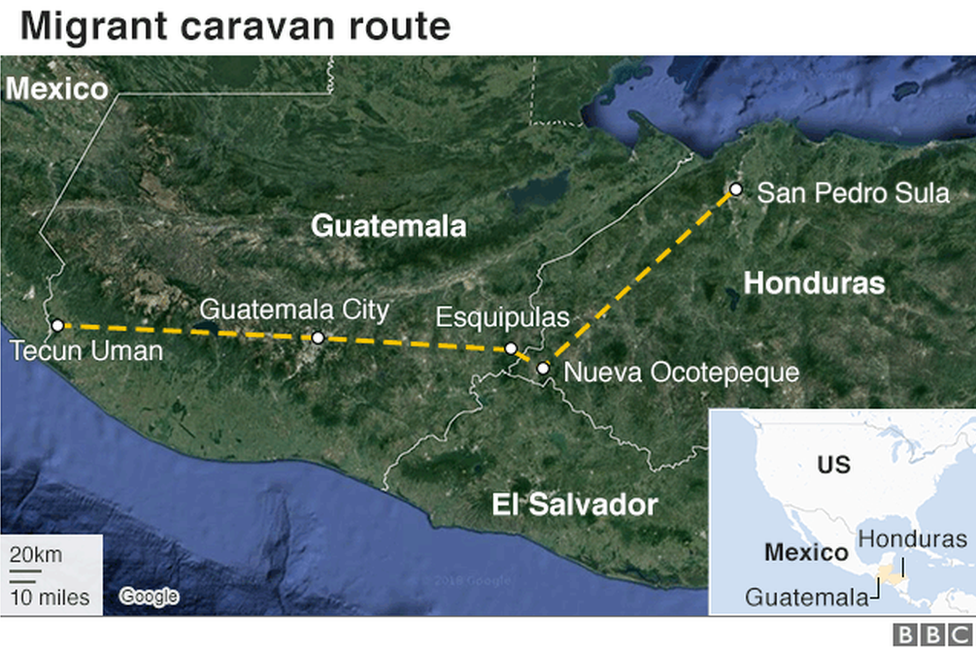 Карта BBC, показывающая маршрут каравана мигрантов через Гондурас и Гватемалу