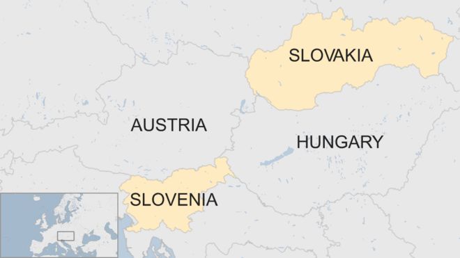 Словения и Словакия показаны на обрезанной карте Европы - они не соприкасаются, поскольку между ними лежат Австрия и Венгрия