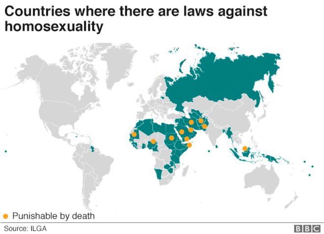 Карта, показывающая, где гомосексуализм незаконен и где он карается смертью