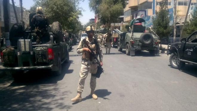 Afghan security forces arrive at the site of an explosion in Kabul on 31 July 2017