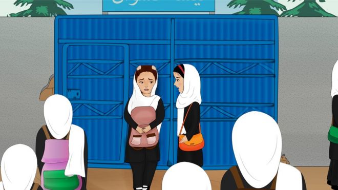 drawing of girls outside the school gates, which are closed