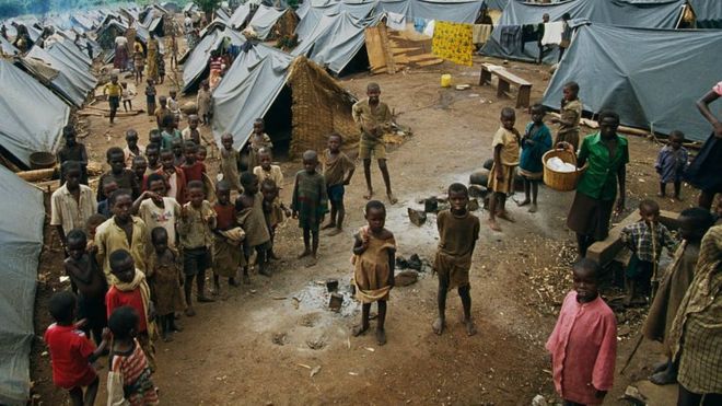 Children gather in a refugee camp for Tutsis near Kirundo in northern Burundi.