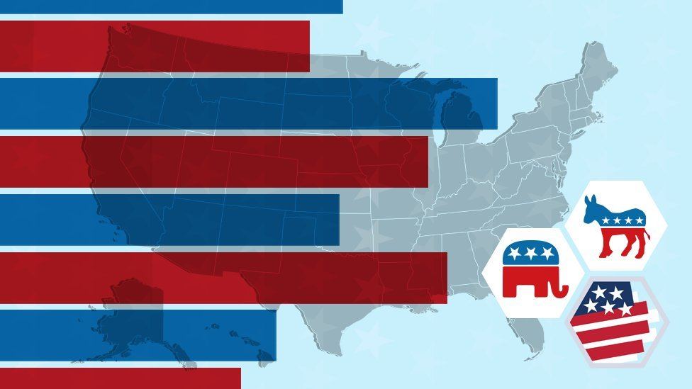 Ilustração com mapa dos EUA, suas cores e os símbolos dos principais partidos