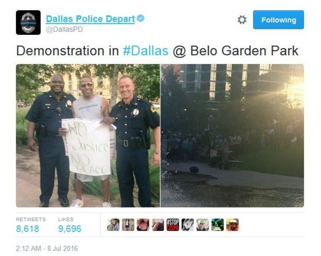 Твиттер Департамента полиции Далласа: Демонстрация в #Dallas @ Belo Garden Park