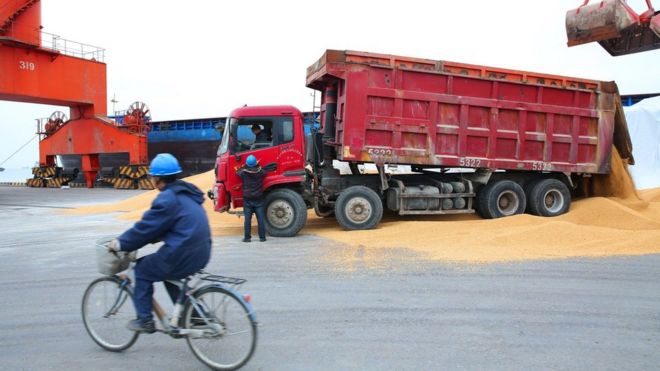 Рабочий (слева) едет на велосипеде, в то время как 4 апреля 2018 года другие рабочие загружают импортные соевые бобы в грузовик в порту в провинции Наньтун в китайской провинции Цзянсу