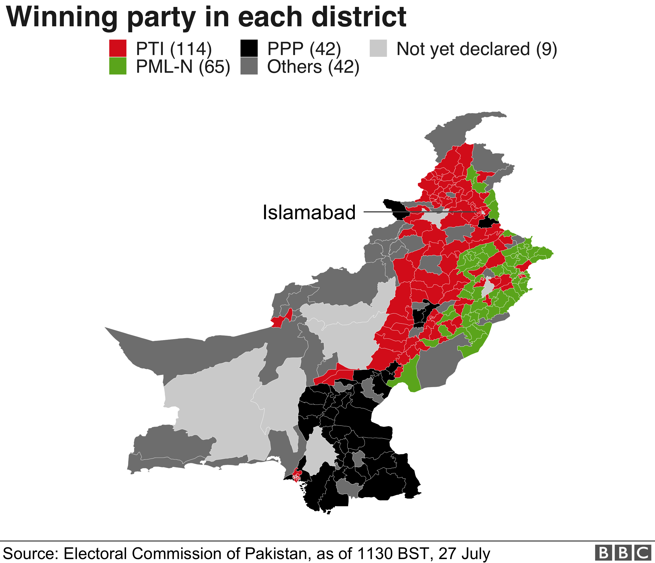 Победившие партии Пакистана в каждом округе