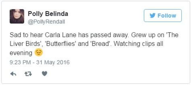 @PollyRendall пишет: грустно слышать, что Карла Лейн скончалась. Вырос на «Птичках печени», «Бабочки» и «Хлеб». Смотрю клипы весь вечер.