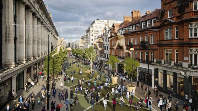 Впечатление художника о том, как будет выглядеть пешеходная зона Оксфорд-стрит
